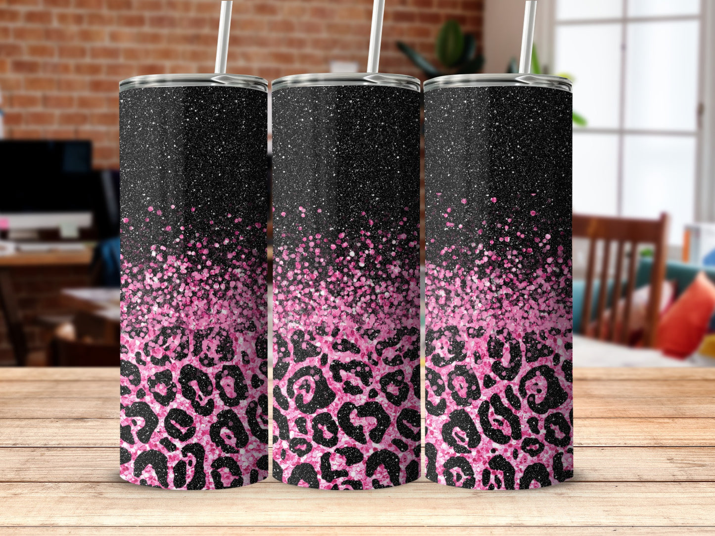 Pink Black Leopard Glitter Ombre Design Tumbler