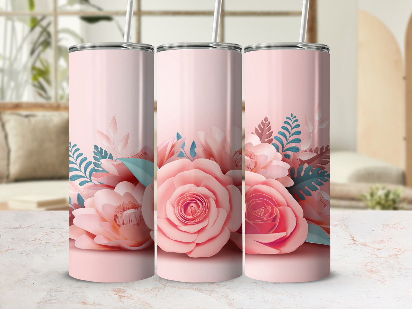 Elegant Pink Floral Design Insulated Tumbler Product