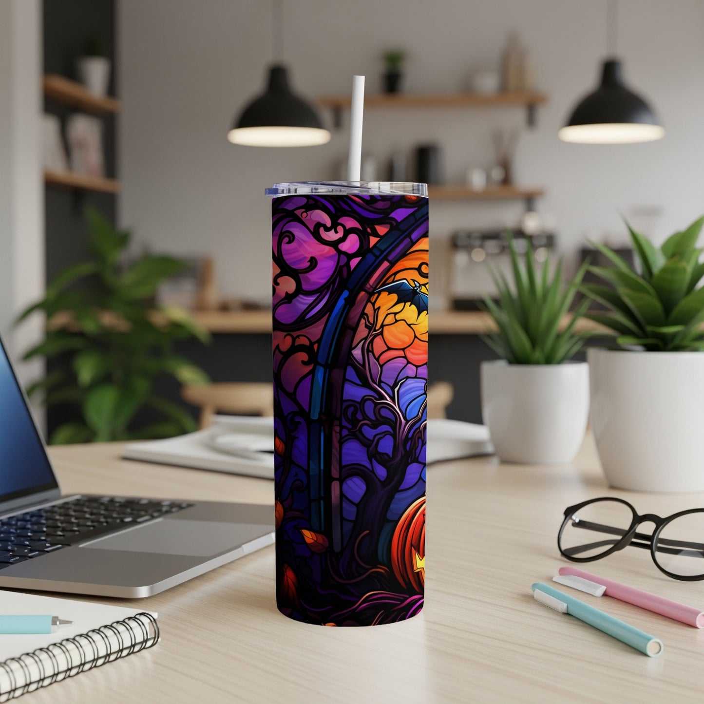 Halloween stained glass tumbler with pumpkin and bat design.