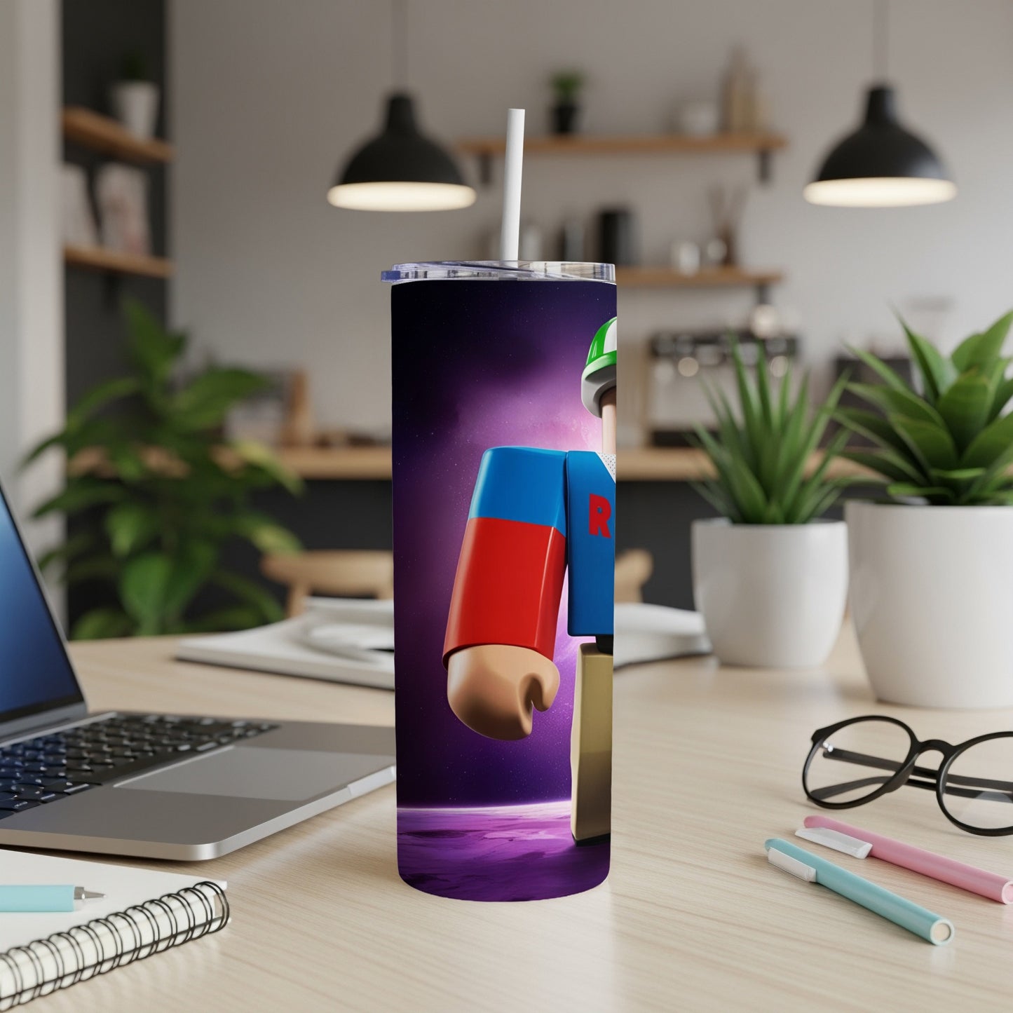 Roblox character in a spacesuit on a purple, cratered planet.