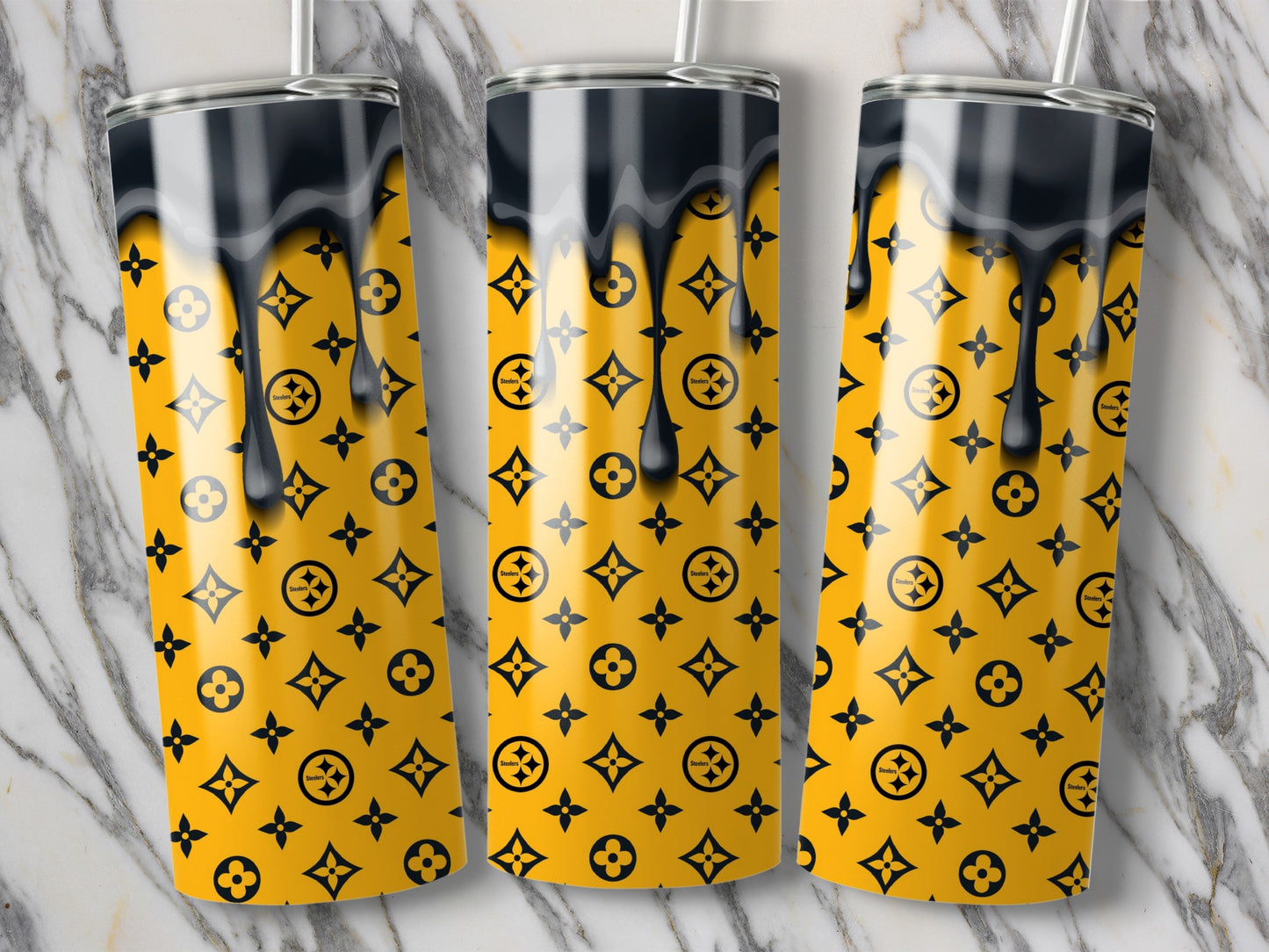 Steelers Pattern With Black Drips Design Tumblers