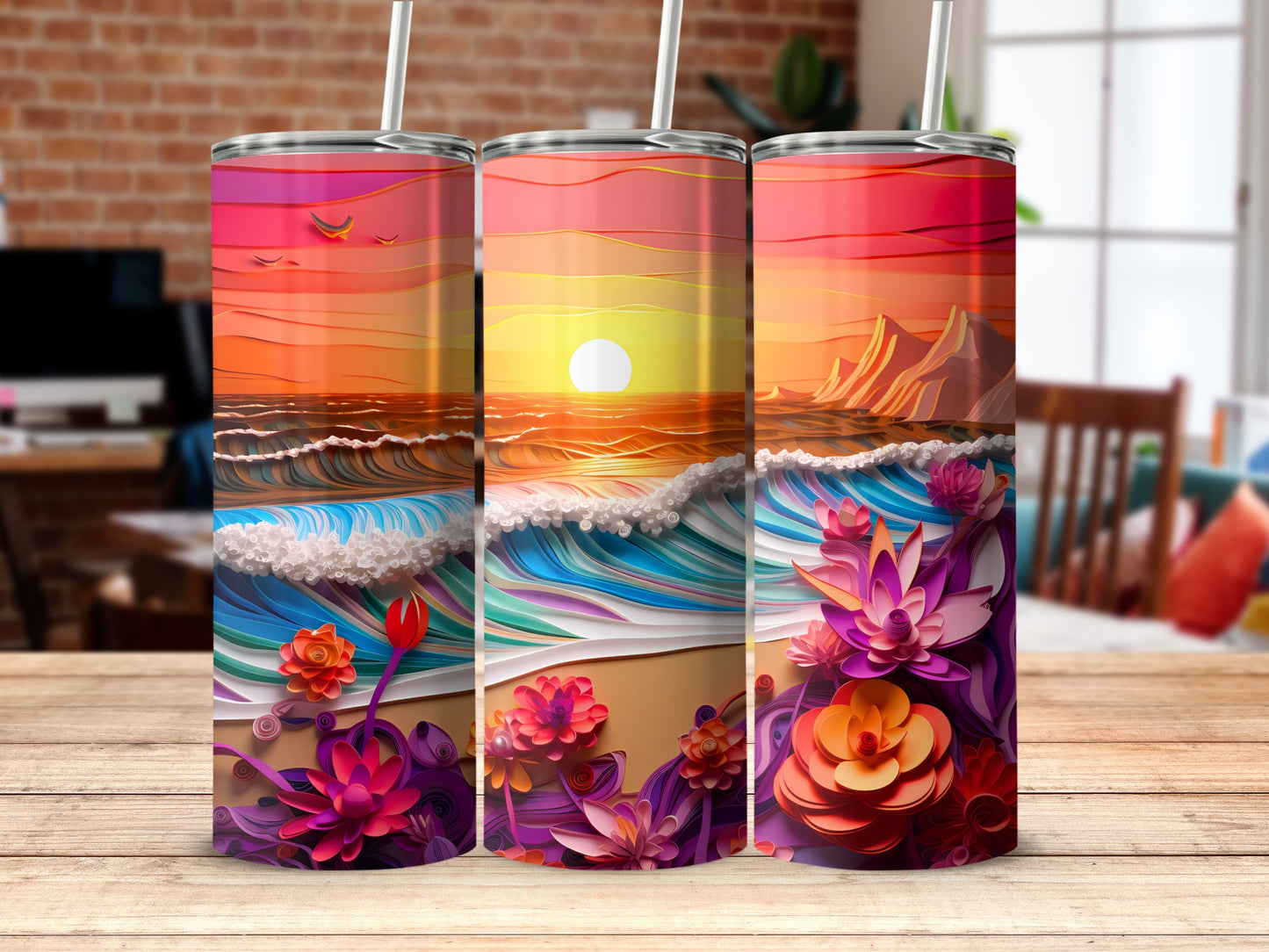 Vibrant Sunset Ocean Waves Flowers Tumbler product type