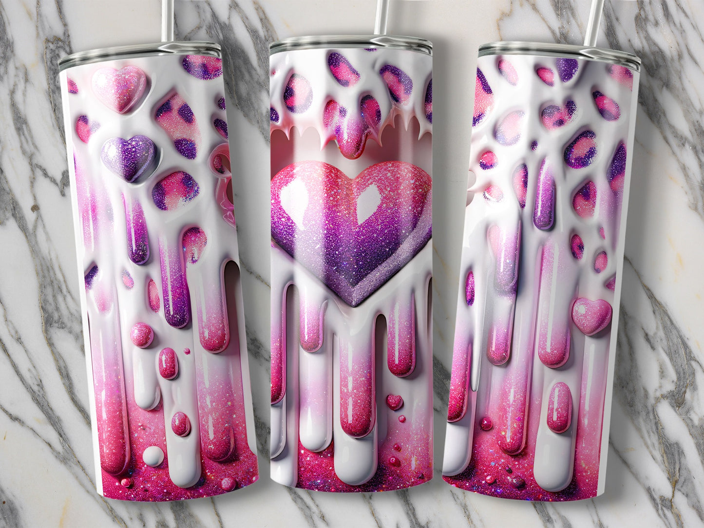 Pink White Heart Design With Leopard Print Valentine Tumblers