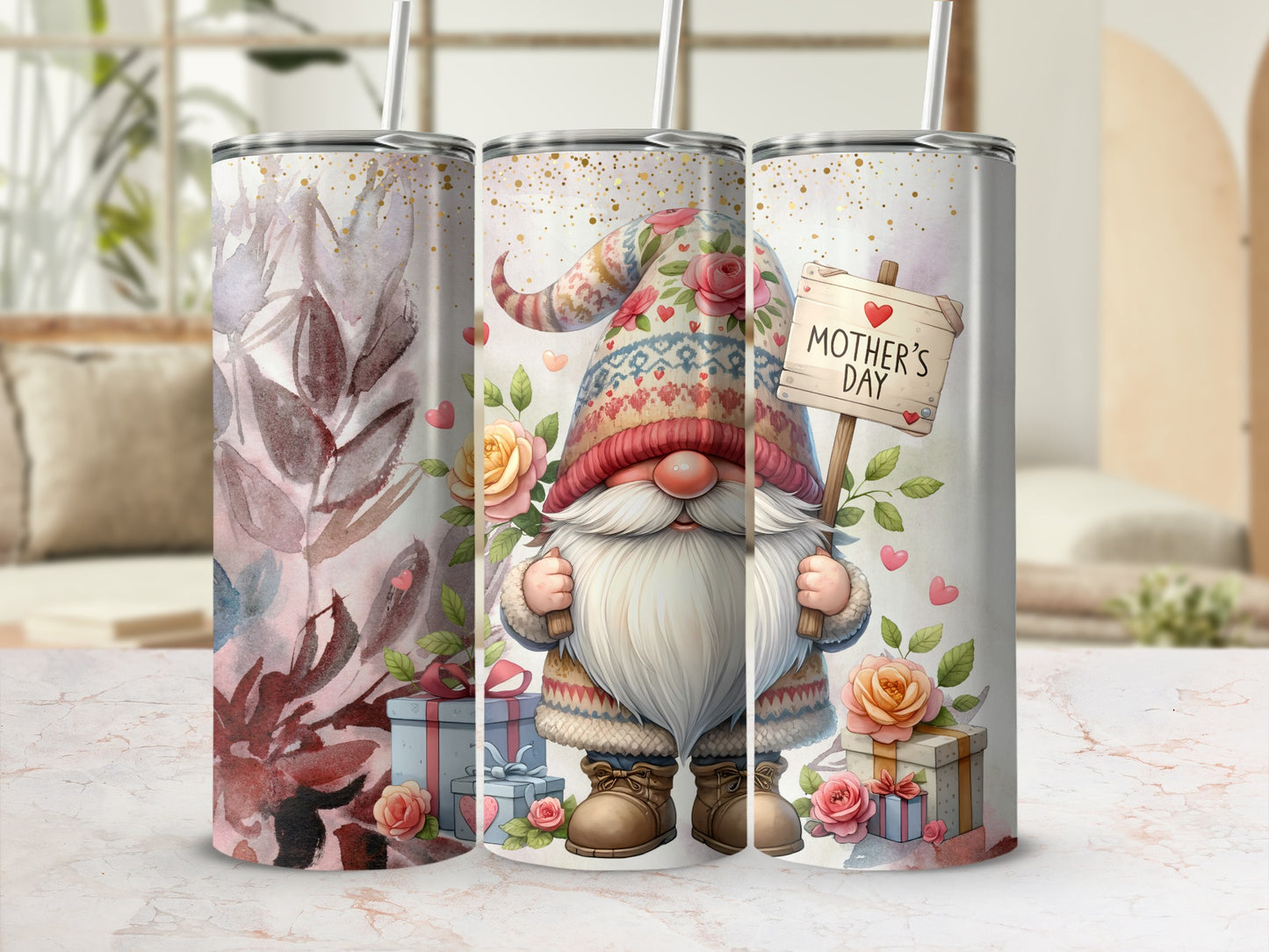 Mother's Day Gnome Themed Tumbler Cup with Straw