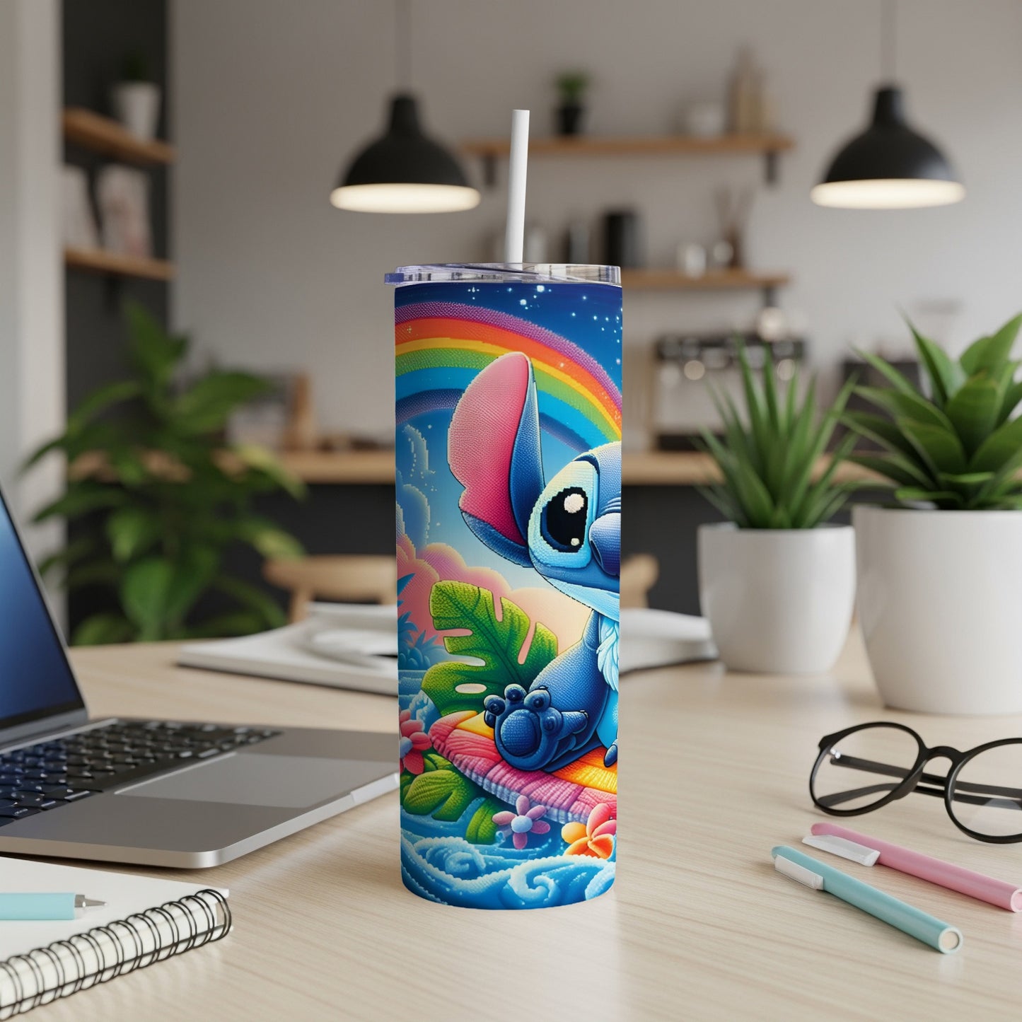 Blue Stitch character on a rainbow and cloud tumbler with straw.