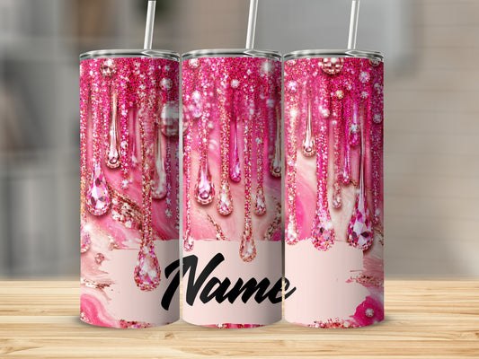 Three pink glitter tumblers with dripping gem designs and "Name" text.