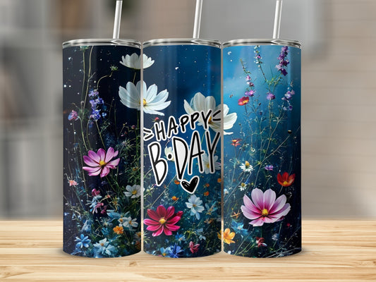 Three tumblers with a dark floral "Happy Birthday" design.