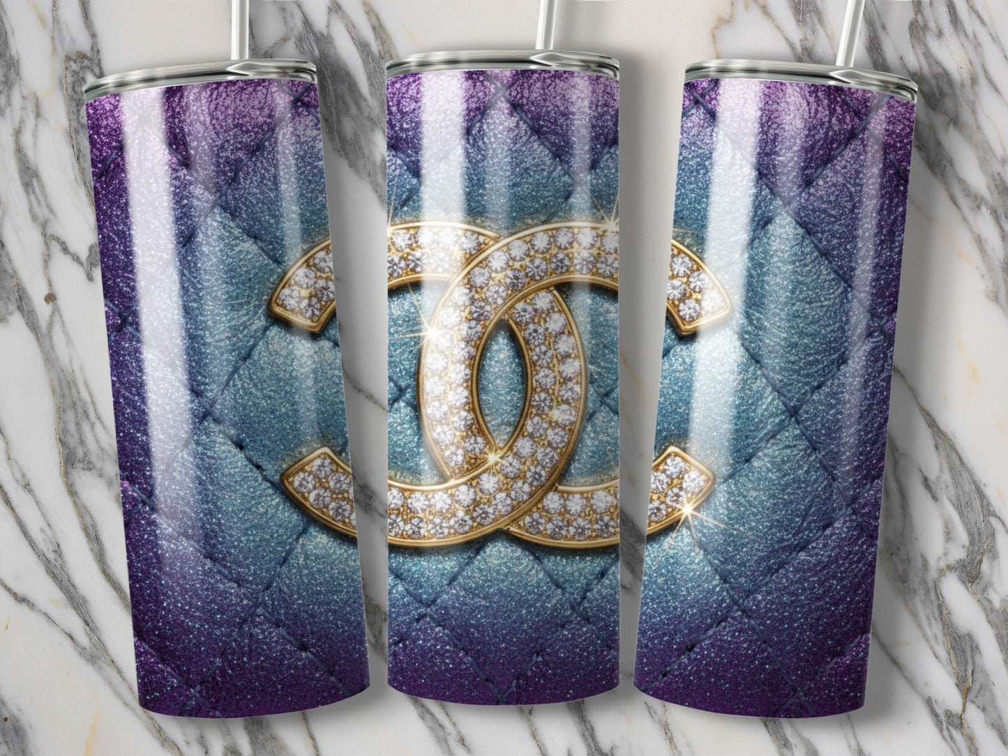 Blue and Purple Quilted Design with Diamonds Logo Tumbler