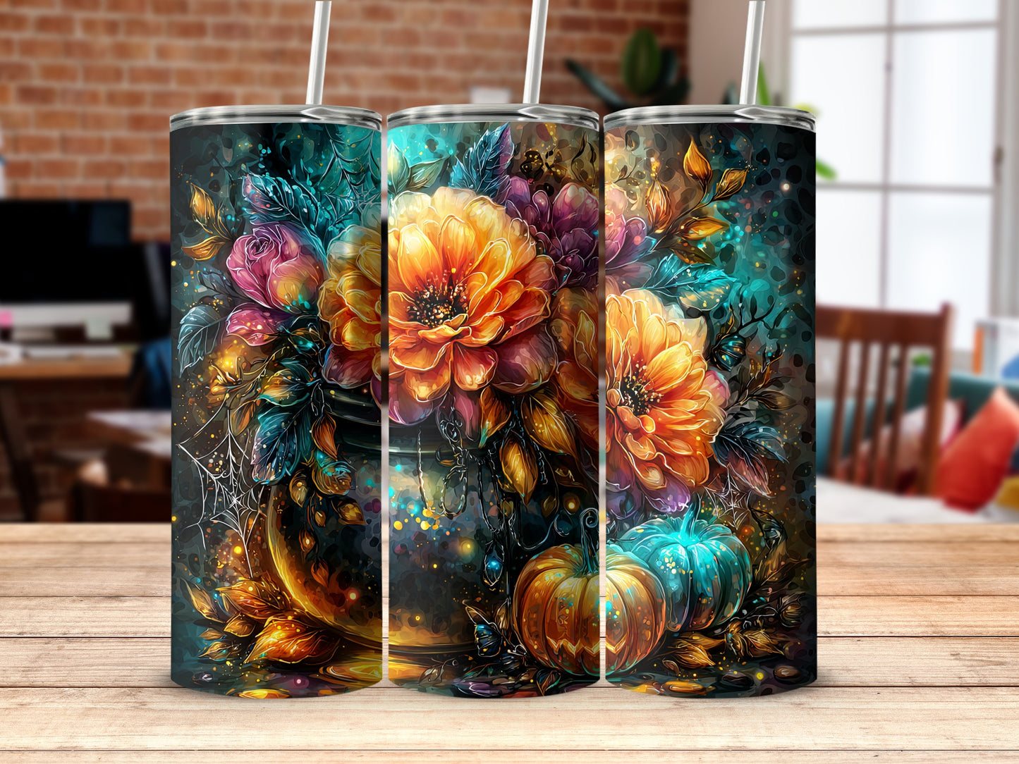 Beautifully Detailed Floral and Pumpkin Themed Tumbler