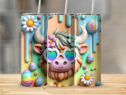 3D illustration of three tumblers featuring a cow in heart sunglasses and Easter eggs.
