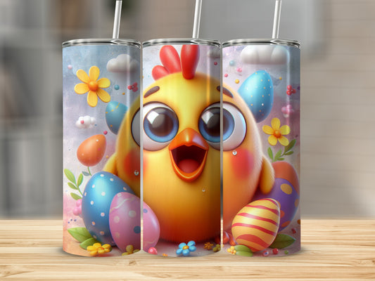 Cute cartoon chick with big eyes and Easter eggs on a tumbler wrap.