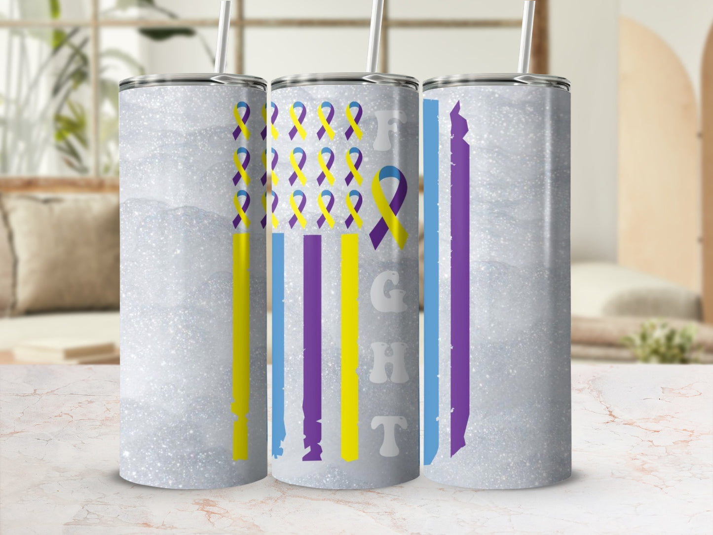 Purple Yellow Ribbon Design Fight Text Tumblers