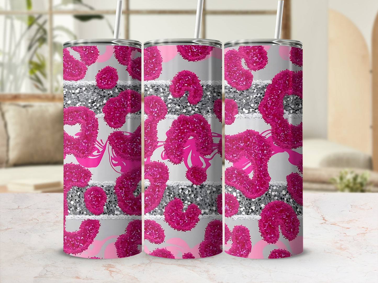 Sparkling Pink and Silver Floral Tumbler Cup with Straw