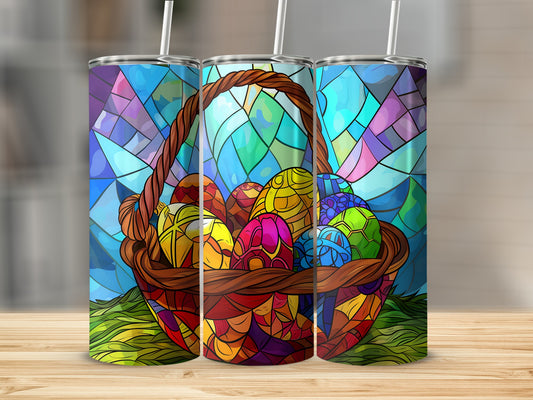 Easter basket filled with colorful stained-glass Easter eggs on a wooden surface.