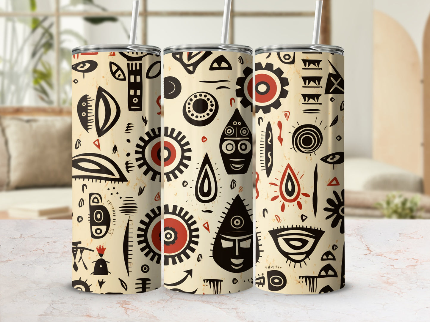 Abstract Tribal Faces and Symbols Printed Tumbler