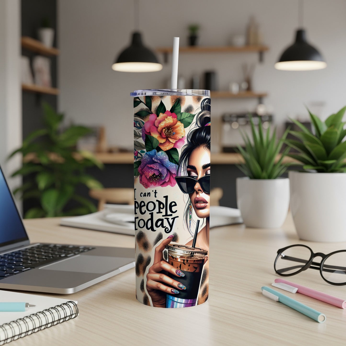 Tumbler with leopard print, flowers, and "I can't people today" text.