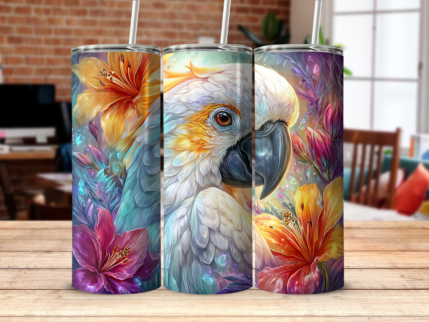 Tropical Floral Parrot Design Tumbler Product