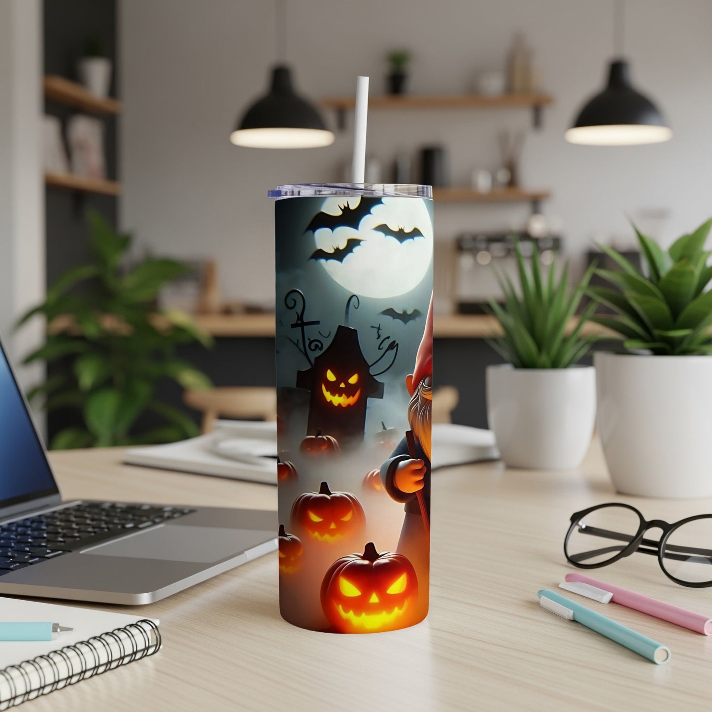 Halloween tumbler featuring jack-o'-lanterns, bats, and a gnome under a full moon.