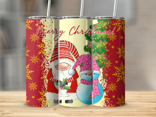 Three tumblers featuring a gnome, snowman, and Christmas tree designs.