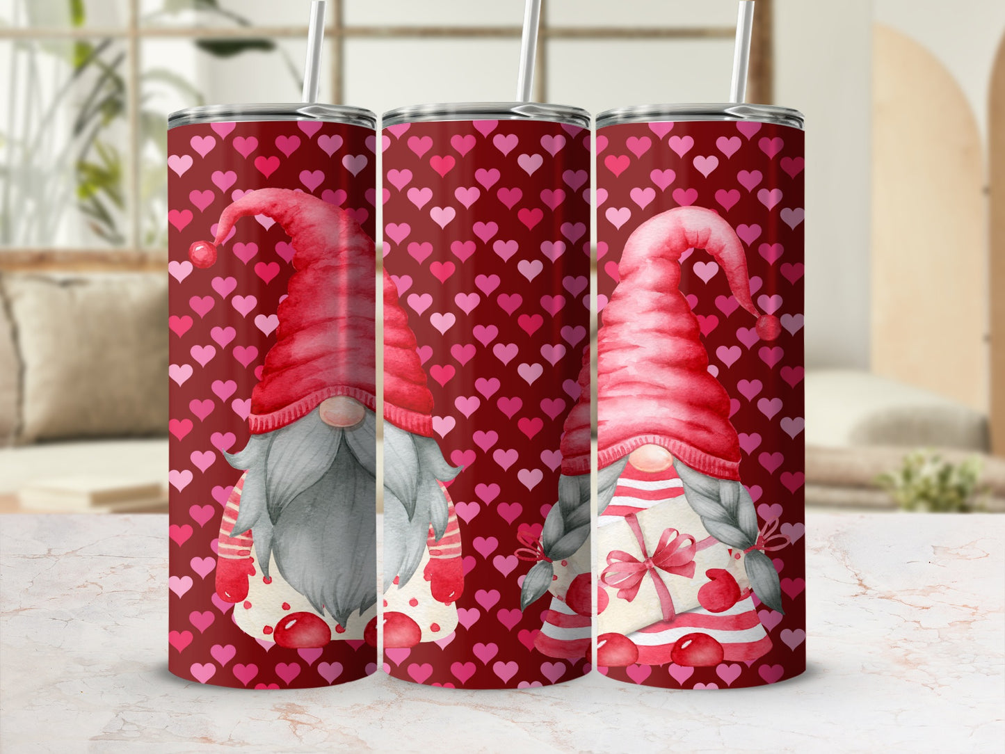 Cute Valentine's Gnome Design with Hearts Tumbler