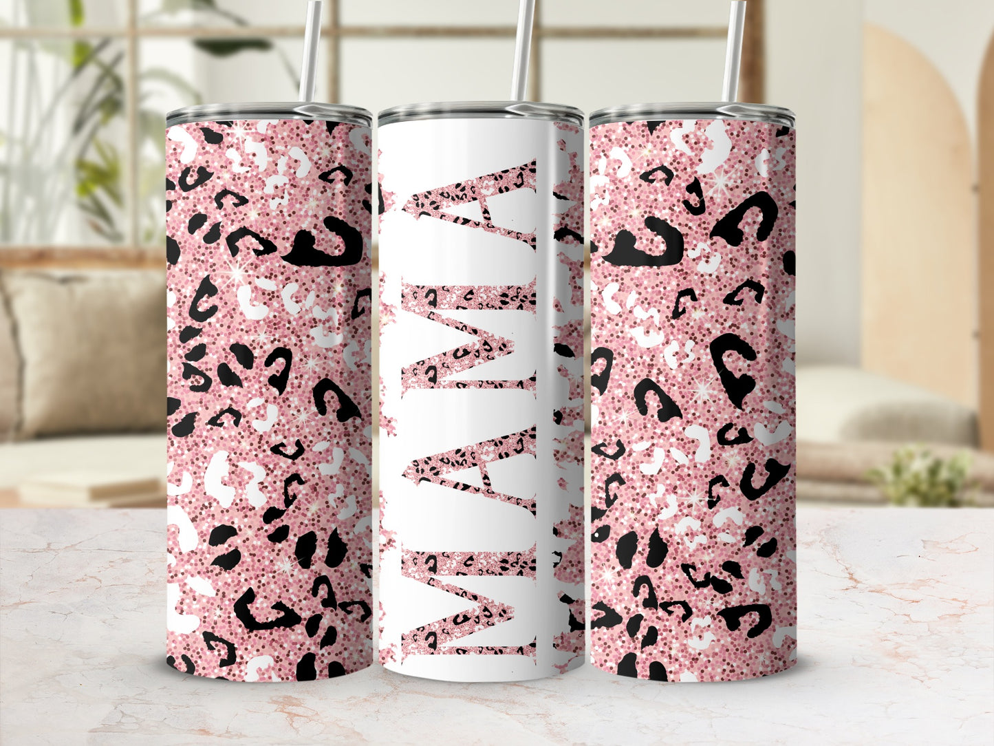 Pink Leopard Print Tumbler with MAMA Design