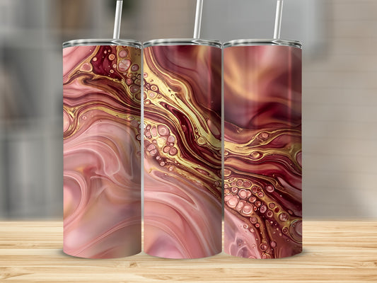 Three tumblers with pink, gold, and rose marbled abstract art.