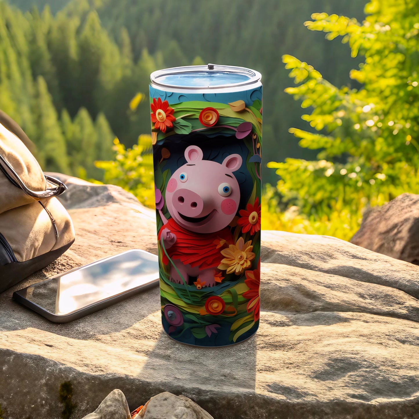 Cute Pig Character and Flowers Design Drinking Tumbler