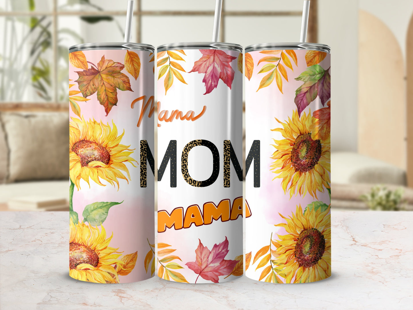 Sunflower and Autumn Leaves Mom Mama Tumbler Cups