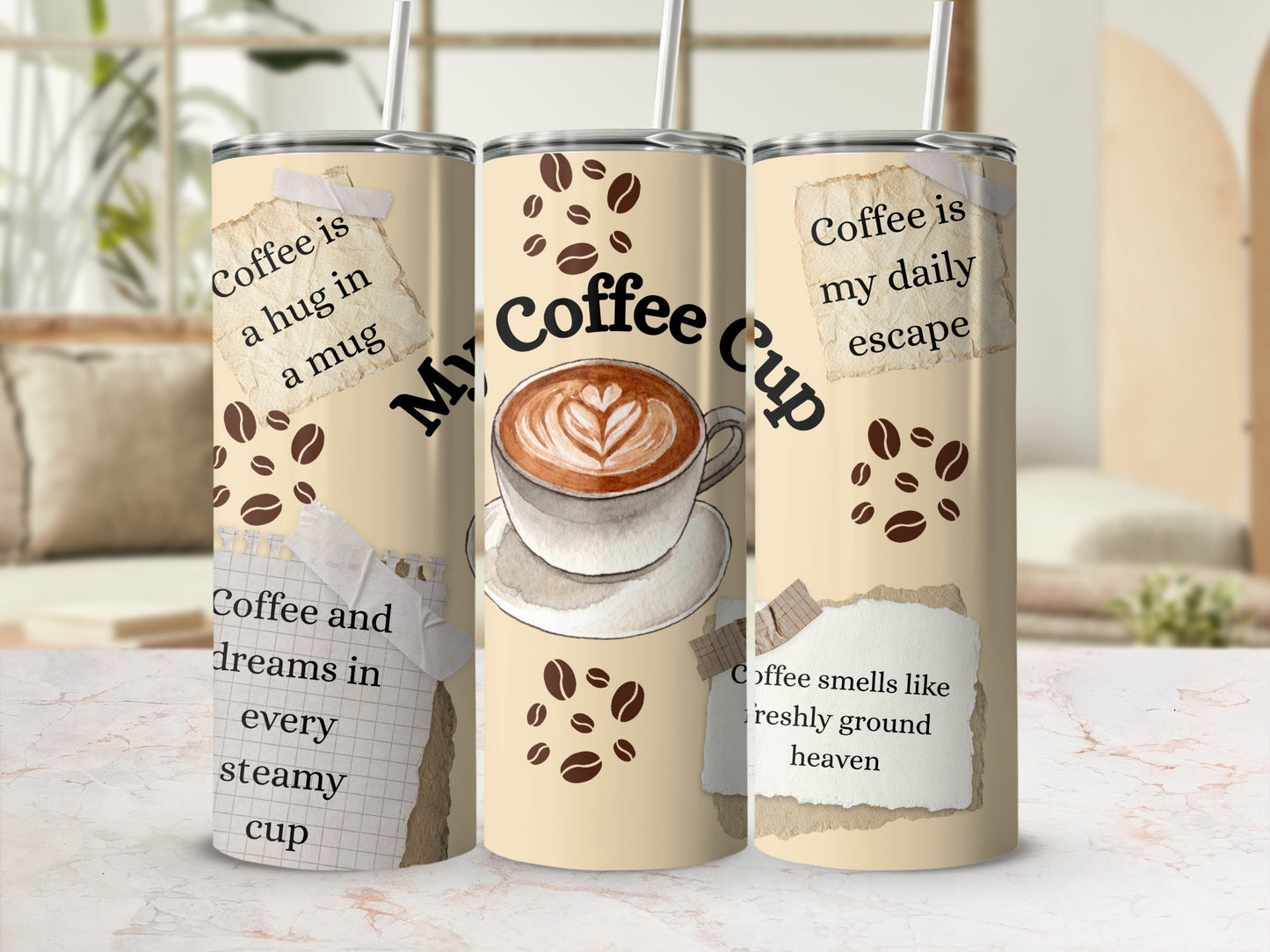 Coffee Inspired Tumbler Featuring Quotes and Designs