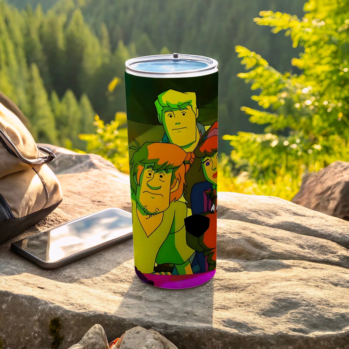 Scooby-Doo characters on a tall tumbler with a backpack and phone.