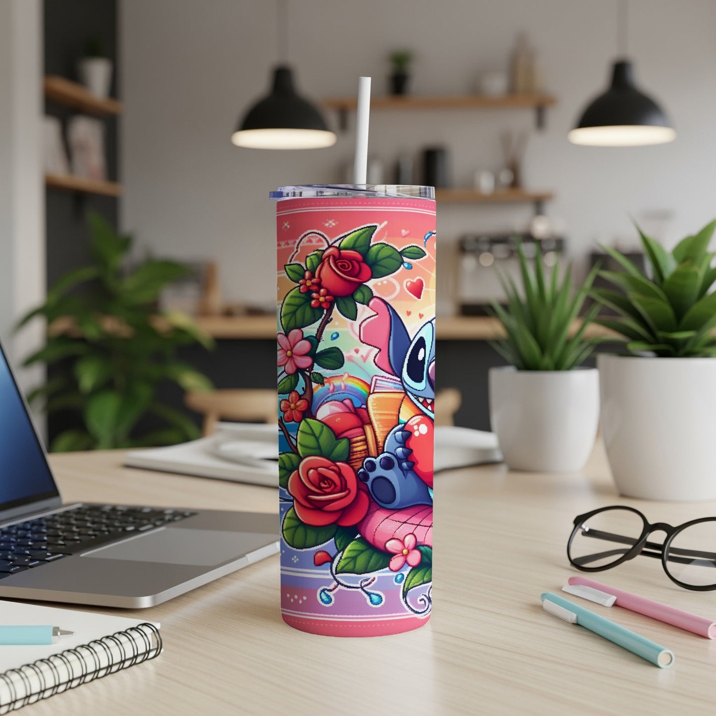 Stitch character with hearts and roses on a pink and blue patterned tumbler.