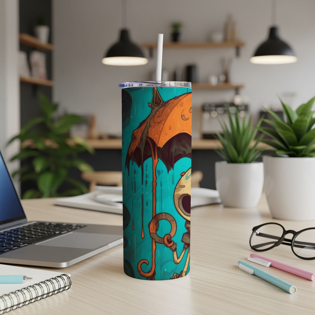 Tumbler with cartoon character under orange umbrella and raindrops on teal background.
