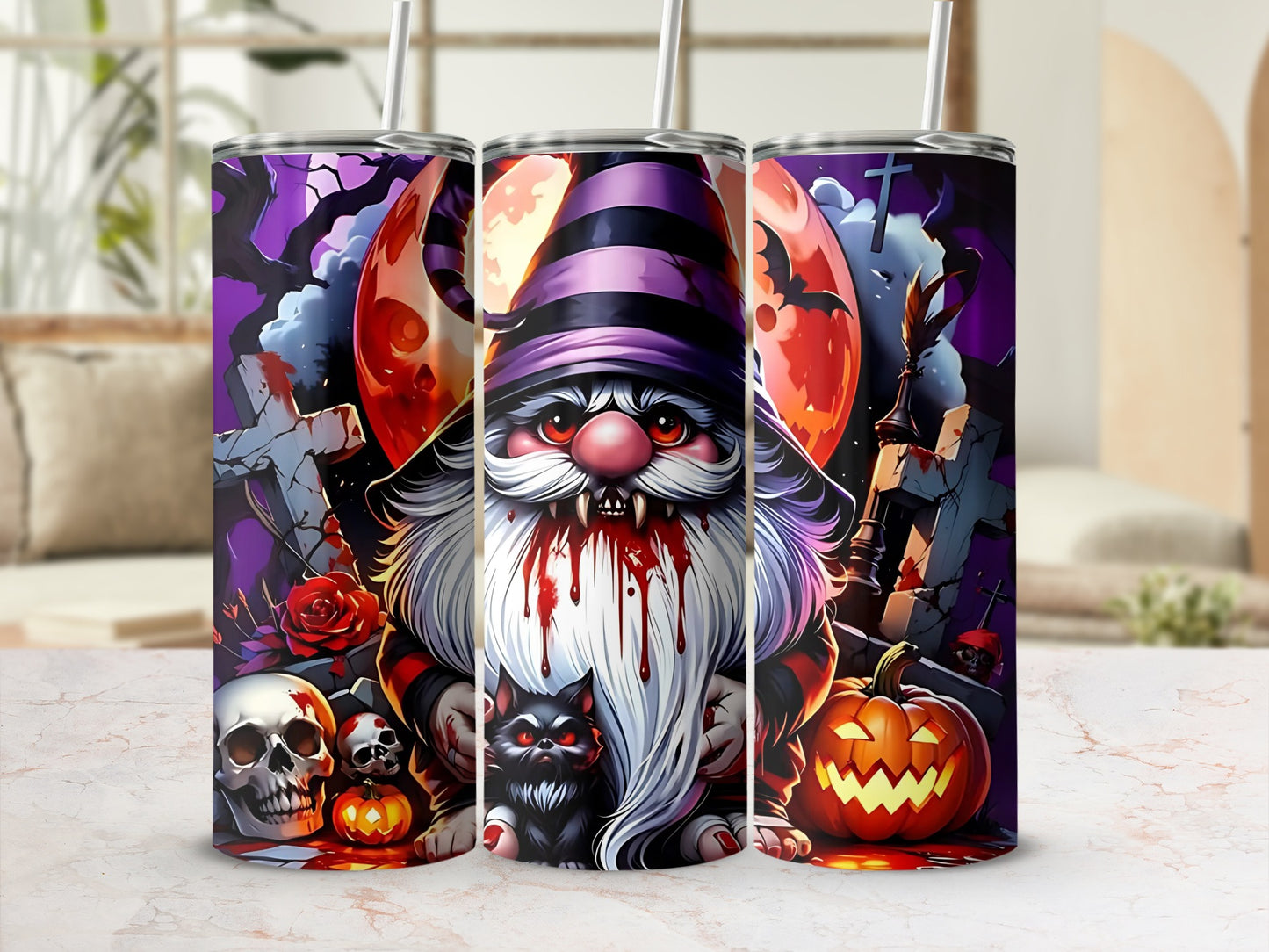 Spooky Halloween Gnome and Pumpkins Tumbler Design