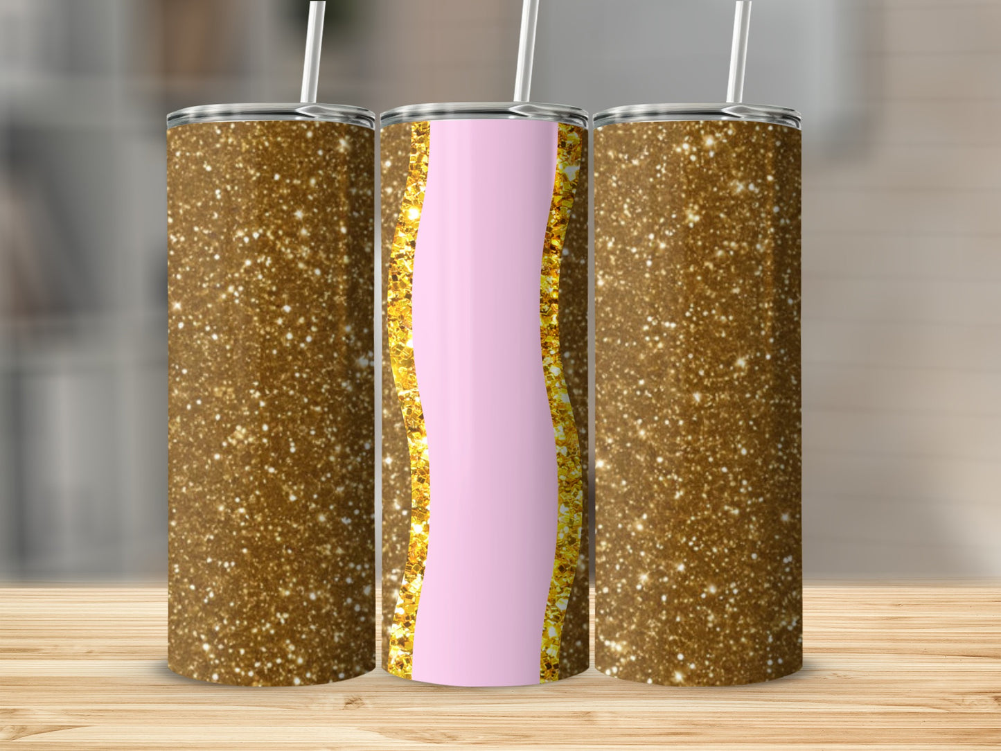 Gold glitter tumblers with a pink wavy stripe design.