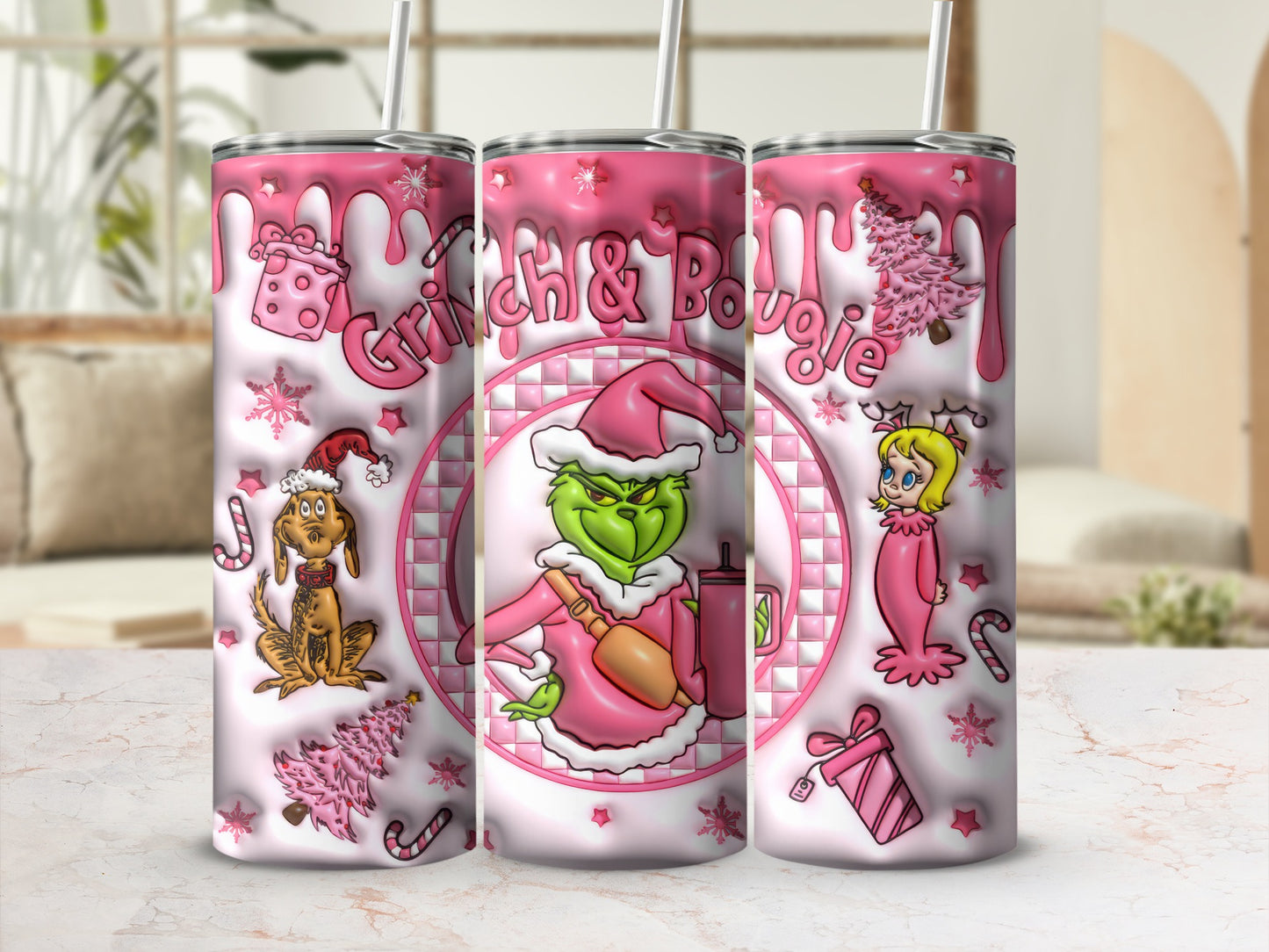 Grinch Santa and Bougie Characters Pink Tumbler