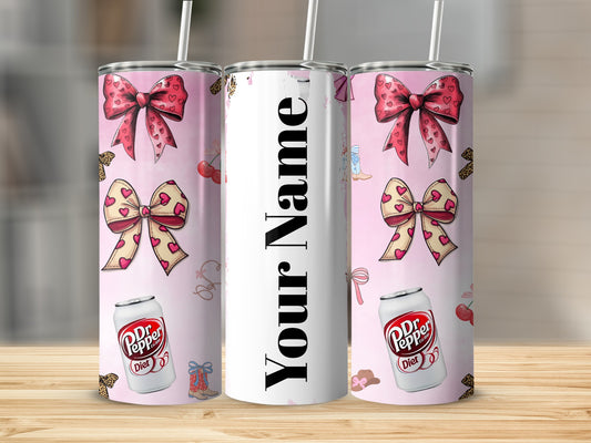 Personalized Tumbler with Pink Heart Bows and Dr Pepper