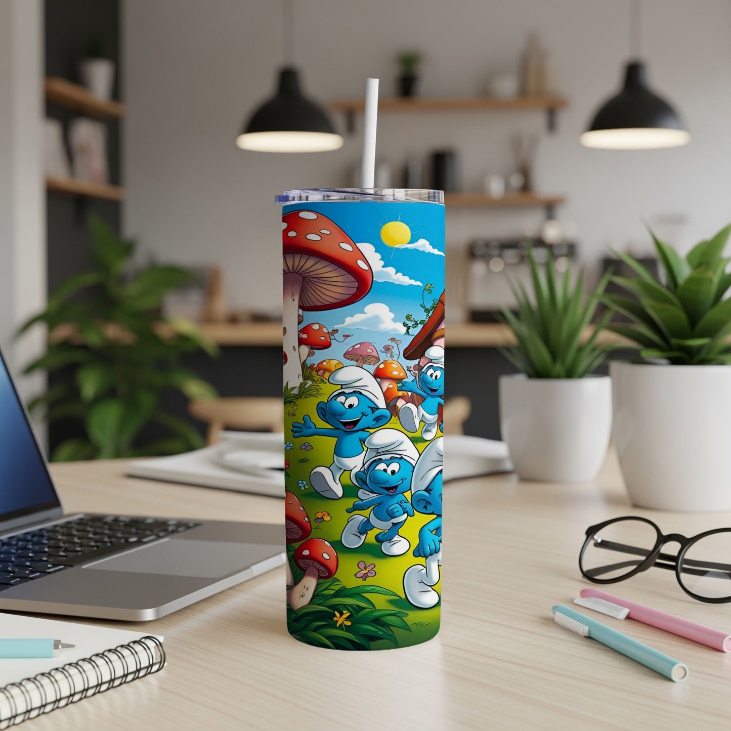 Smurfs on mushrooms, cartoon illustration, colorful, white straw in tumbler.