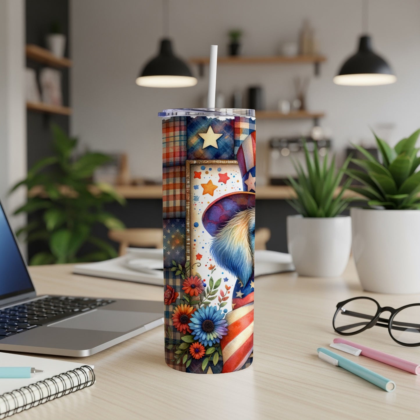 Patriotic tumbler with stars, stripes, flowers, and a gnome.