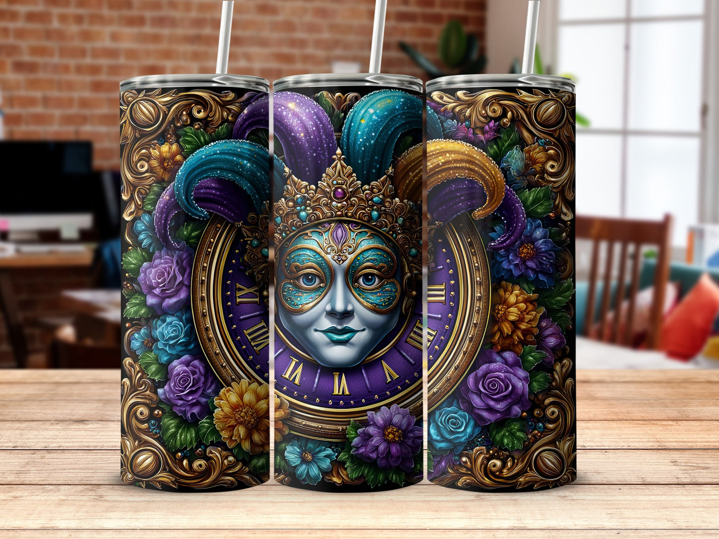 Carnival Mask and Floral Design Tumbler Product