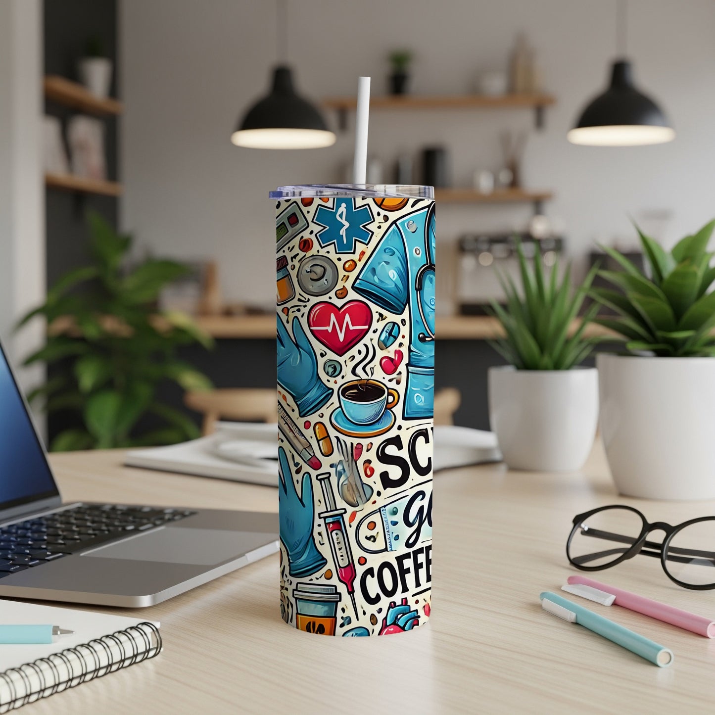 Tall tumbler with medical icons and "scrub life is coffee" text.