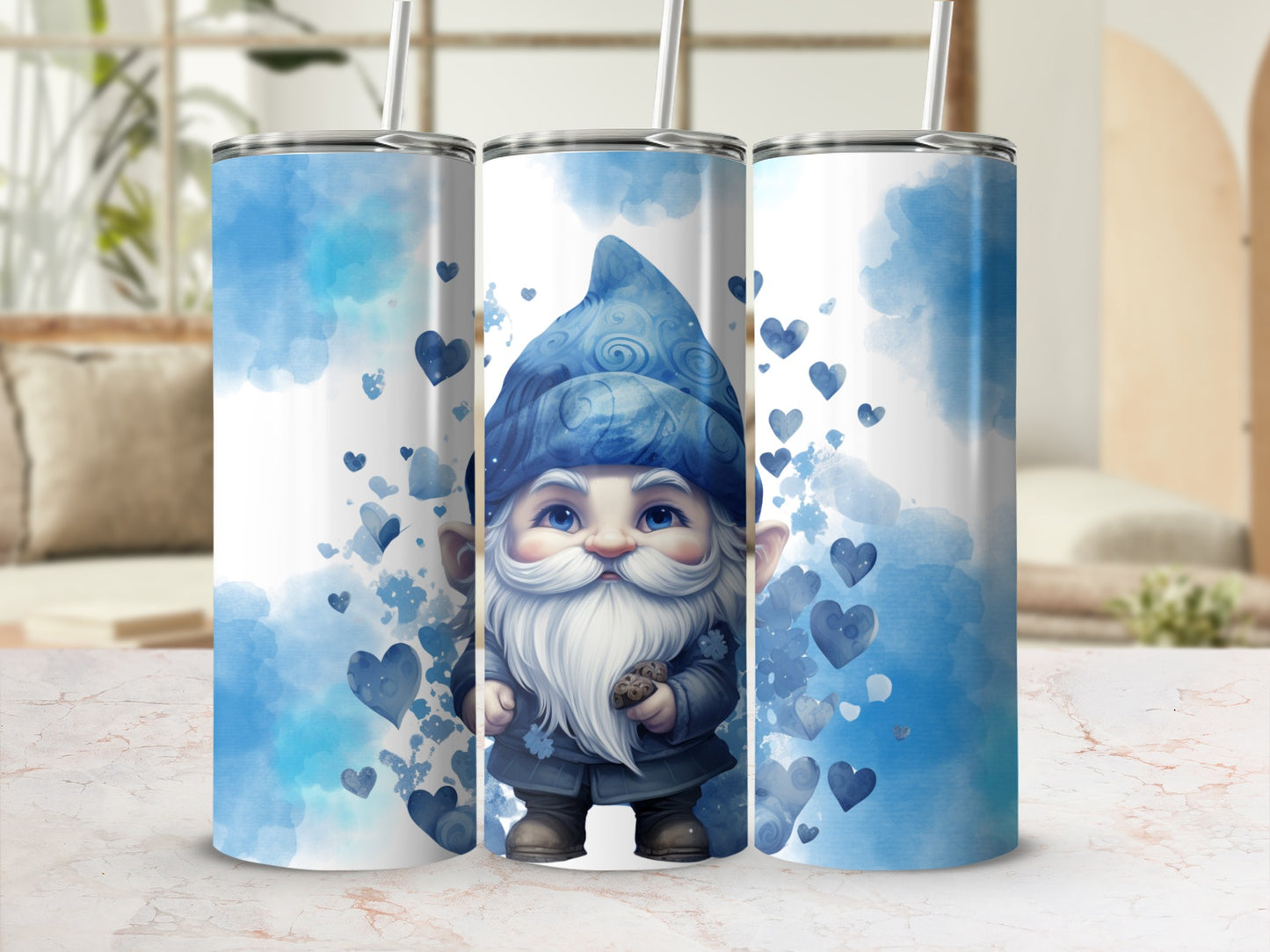 Cute Blue Gnome Art Tumbler with Heart Accents