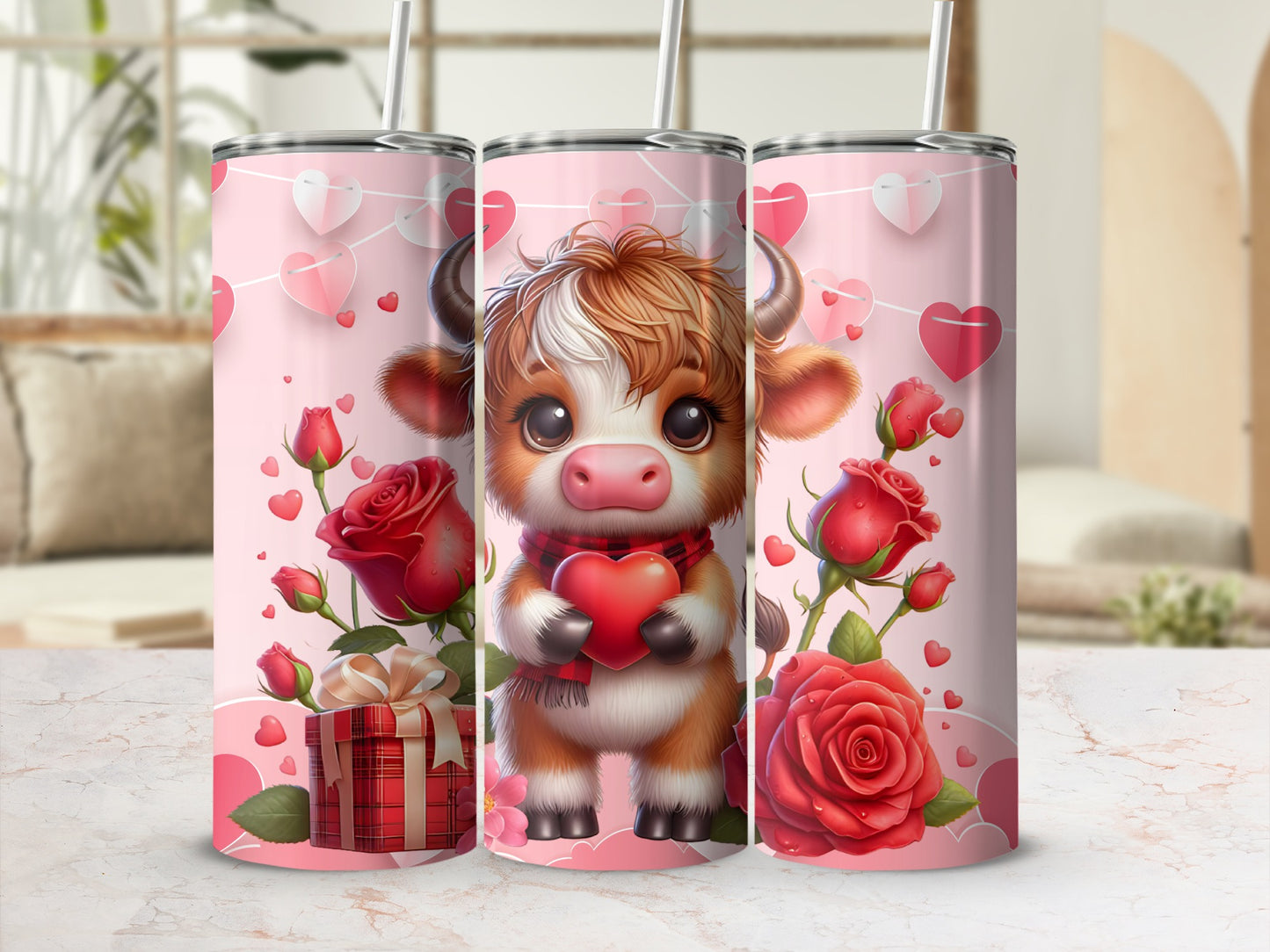Cute Cow with Roses and Hearts Tumbler design