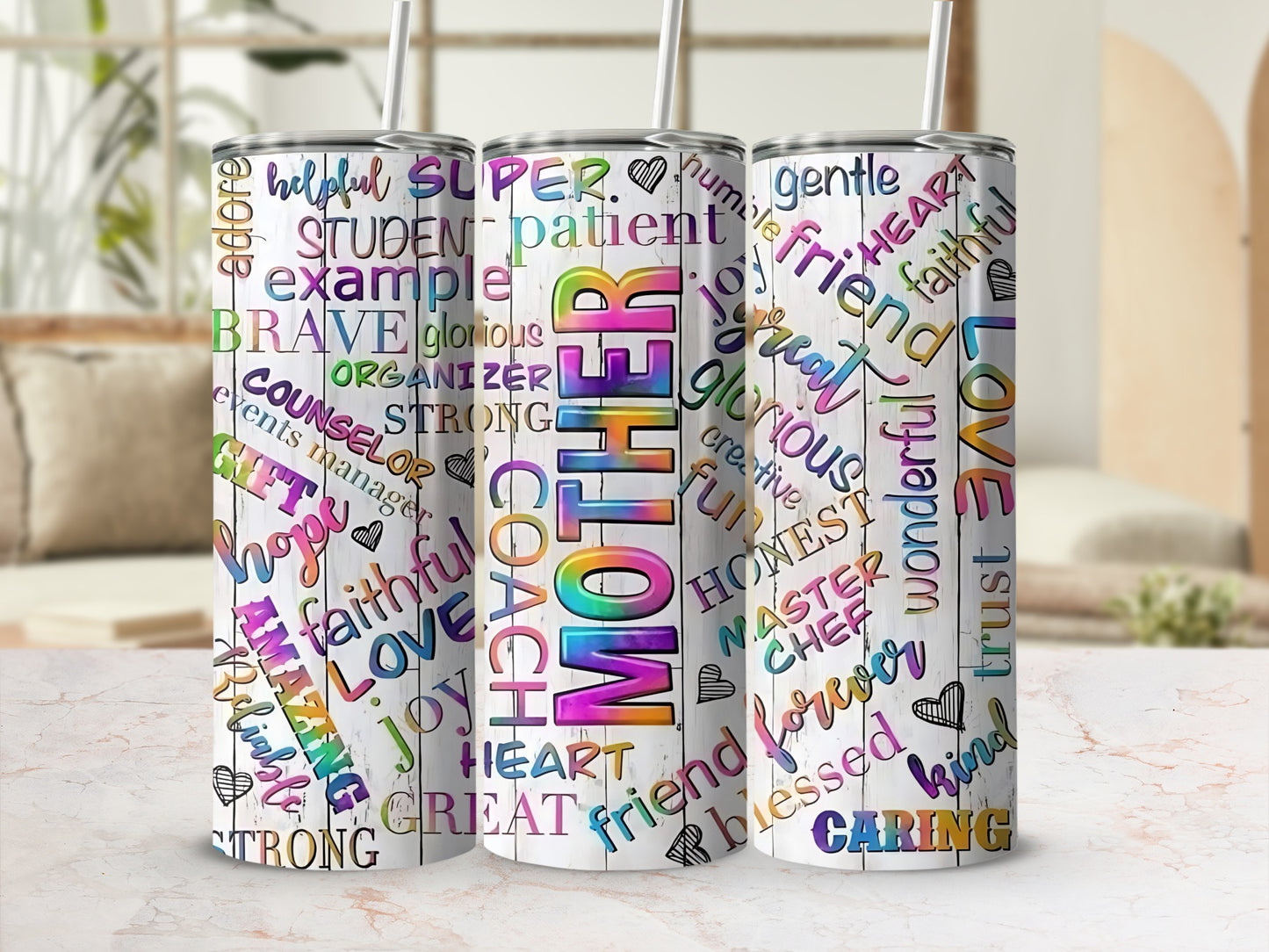 Colorful Word Art Mother Design Skinny Tumbler