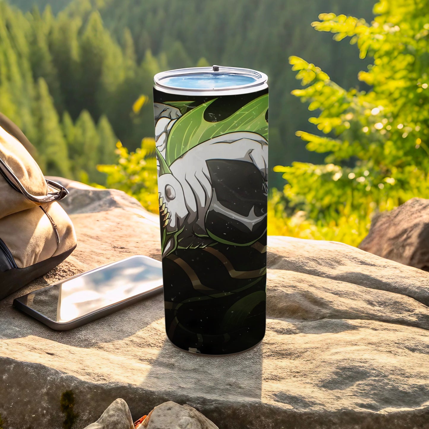 Skull and Green Leaves Graphic Travel Tumbler