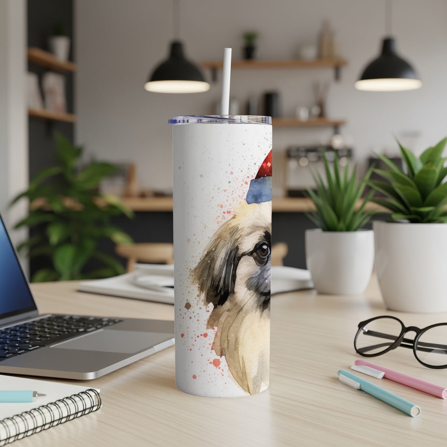 Watercolor dog wearing a Santa hat on a white tumbler.