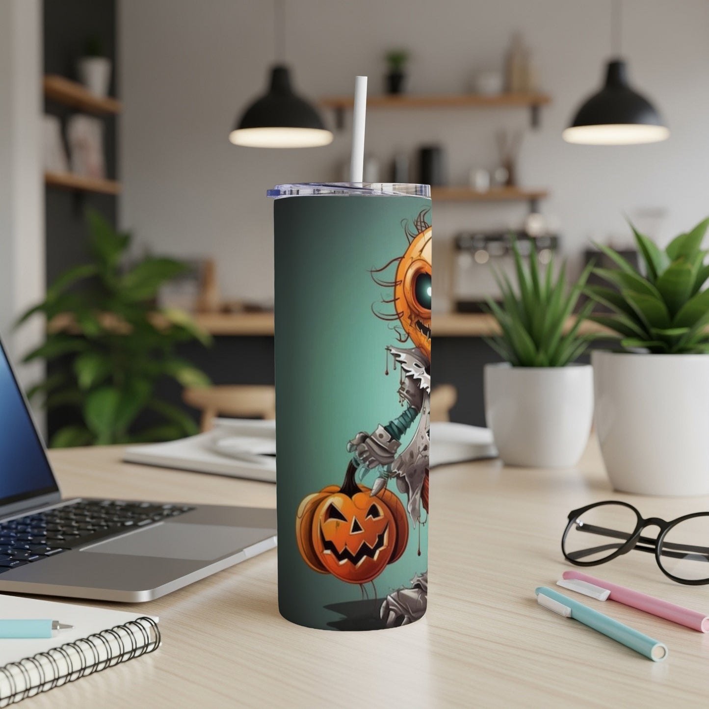 Tall tumbler with a cartoon pumpkin character and a straw.