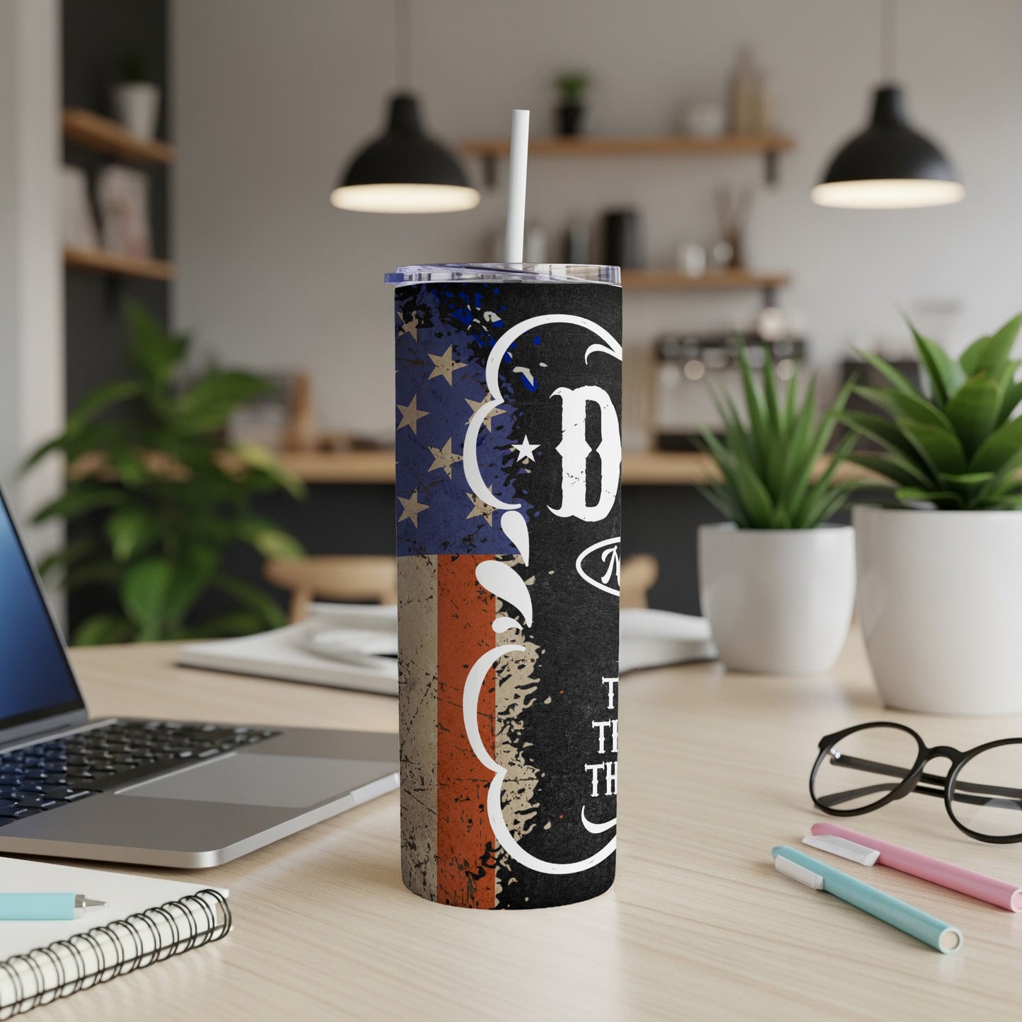 Tumbler with distressed American flag design and white text that reads "There's the".