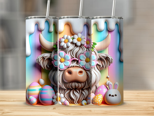 Highland cow with Easter eggs and flowers wearing sunglasses.
