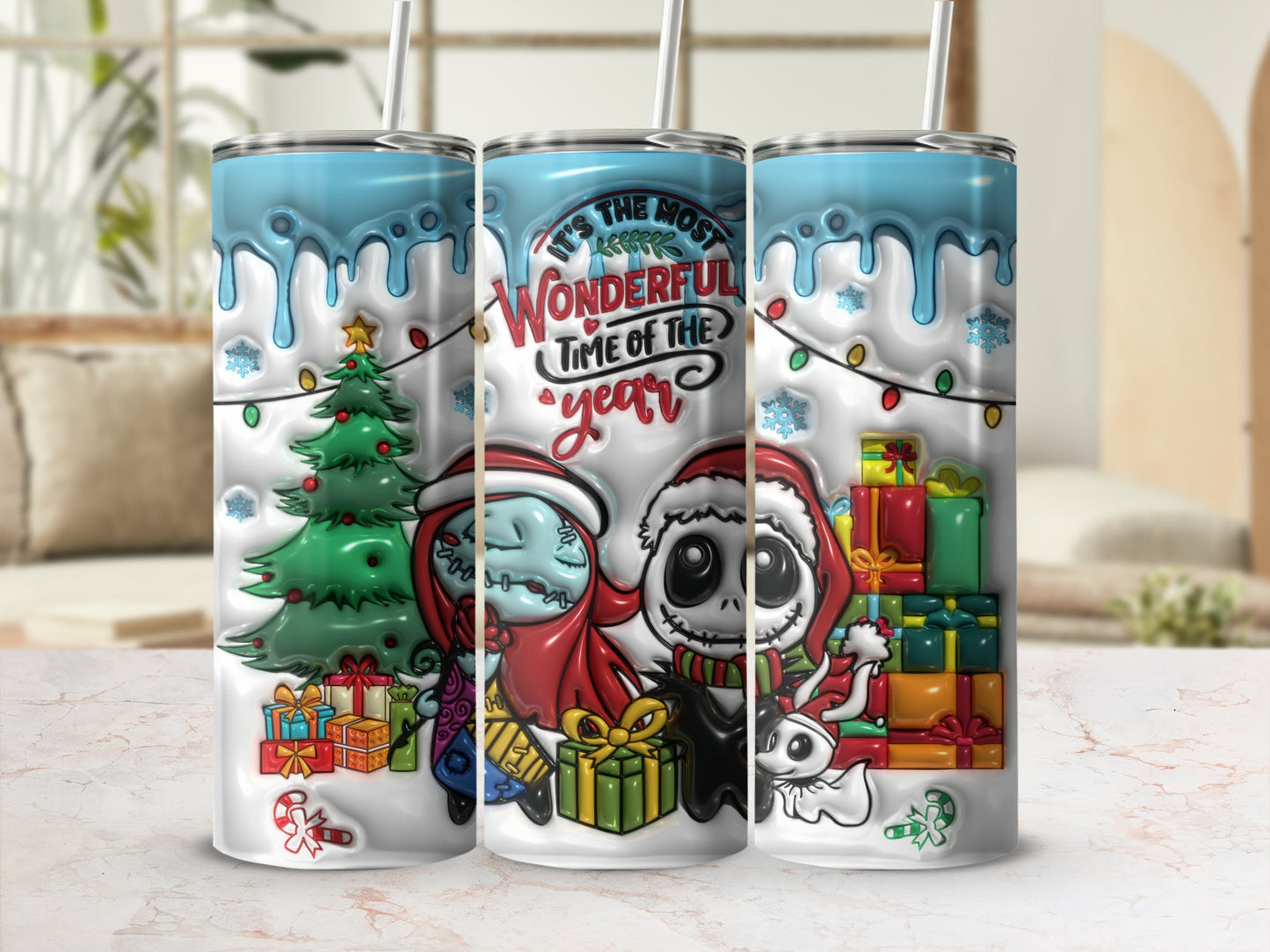 Festive Christmas Tumblers with Santa and Tree Design