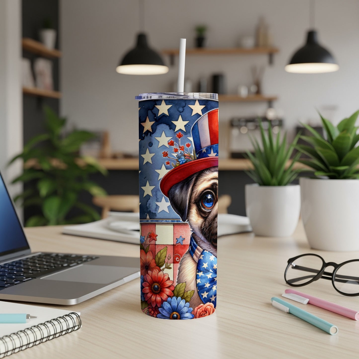 Pug in patriotic hat with flowers, on a tumbler.